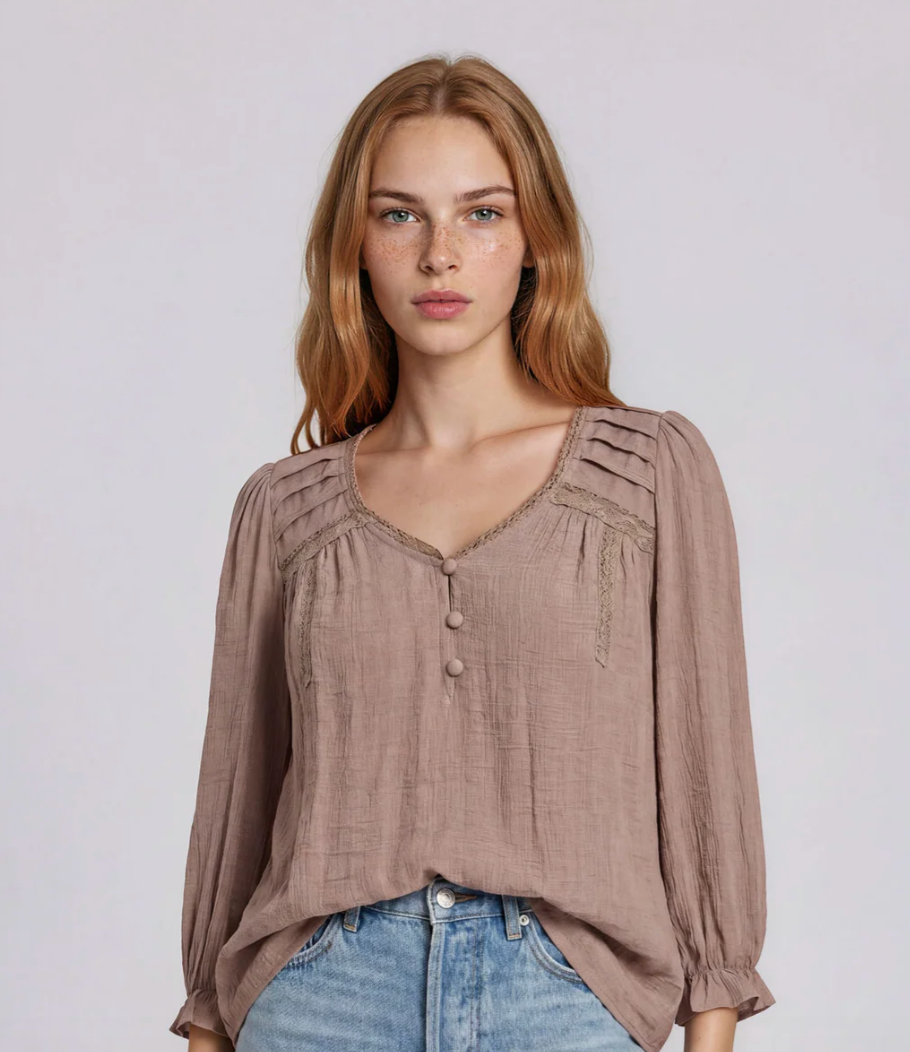 Leesa Mocha Crochet Trim V Neck Top