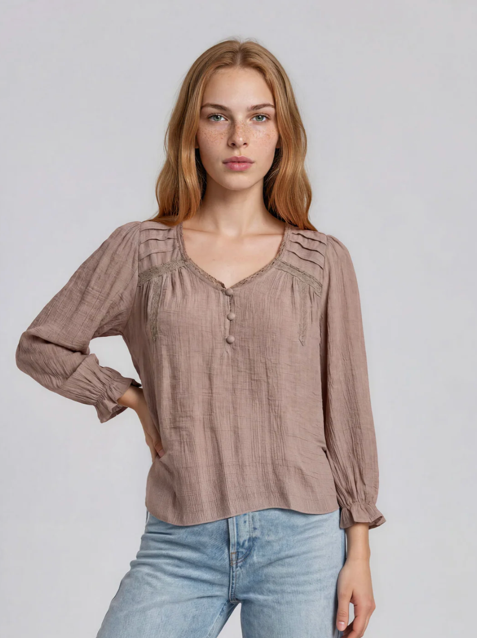 Leesa Mocha Crochet Trim V Neck Top