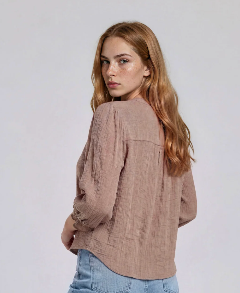 Leesa Mocha Crochet Trim V Neck Top
