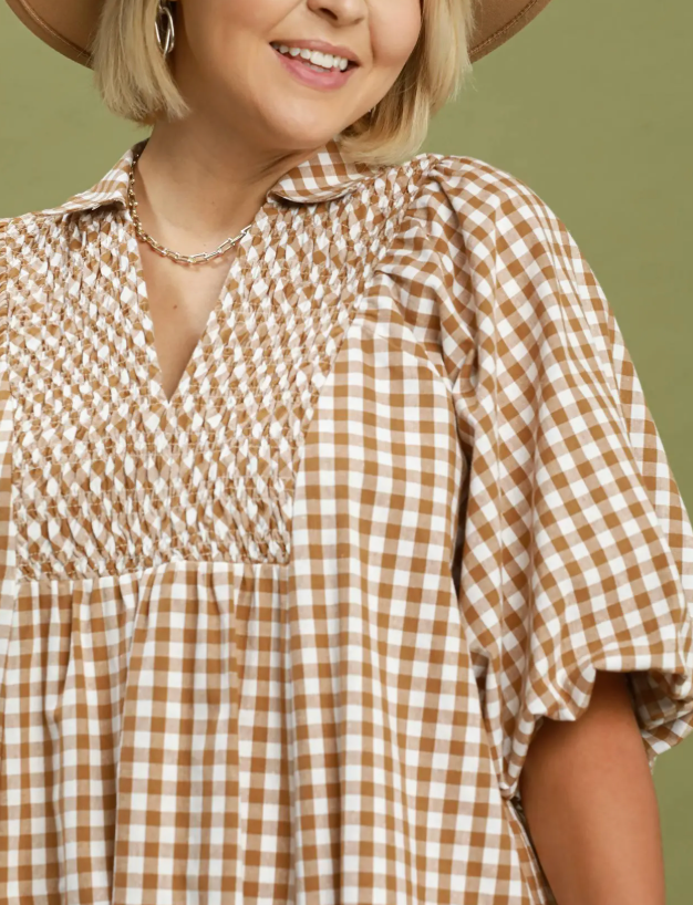 Brown Gingham Midi Dress in Curvy