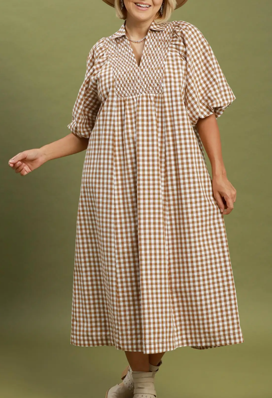 Brown Gingham Midi Dress in Curvy