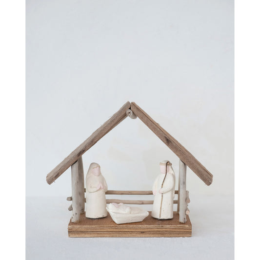 8-1/2"L x 3"W x 7"H Handmade Driftwood and Paper Mache Nativity with Wood Base