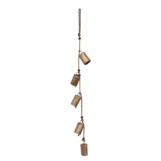 Hanging Metal Bells with Wood Beads and Jute Rope, Antique Brass Finish