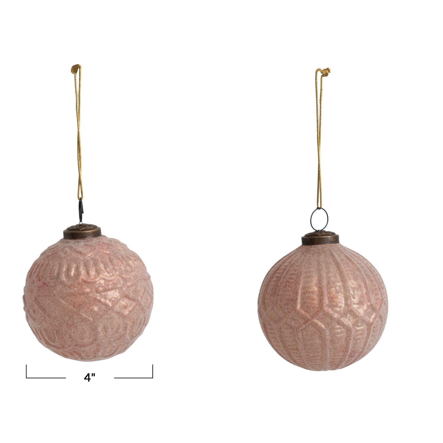 4" Round Embossed Flocked Glass Ball Ornament, Blush Peach Color