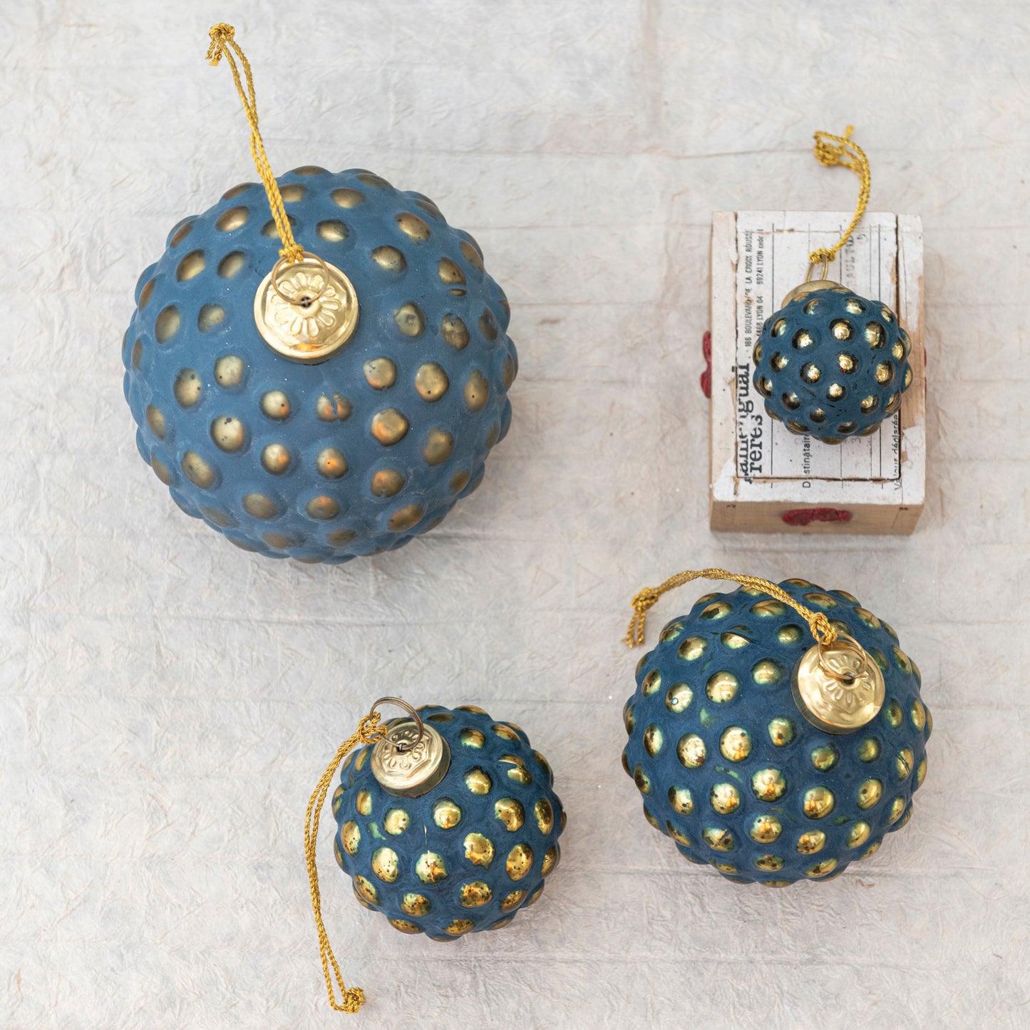 Round Glass Hobnail Ball Ornament, Distressed Navy & Gold Finish 2"