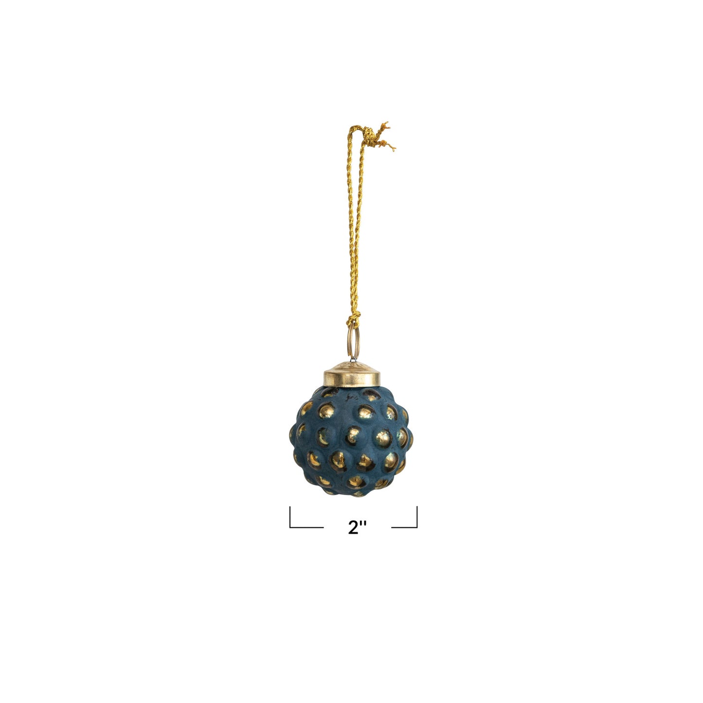 Round Glass Hobnail Ball Ornament, Distressed Navy & Gold Finish 2"