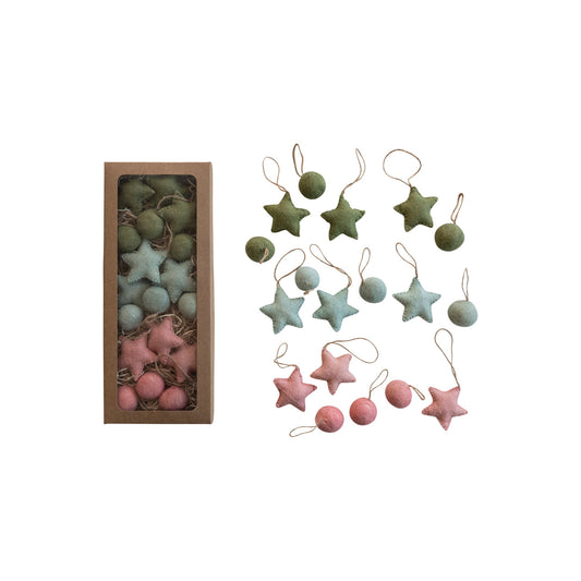 Handmade Wool Felt Ball/ Star Ornaments in Kraft Box, Set of 18-colors