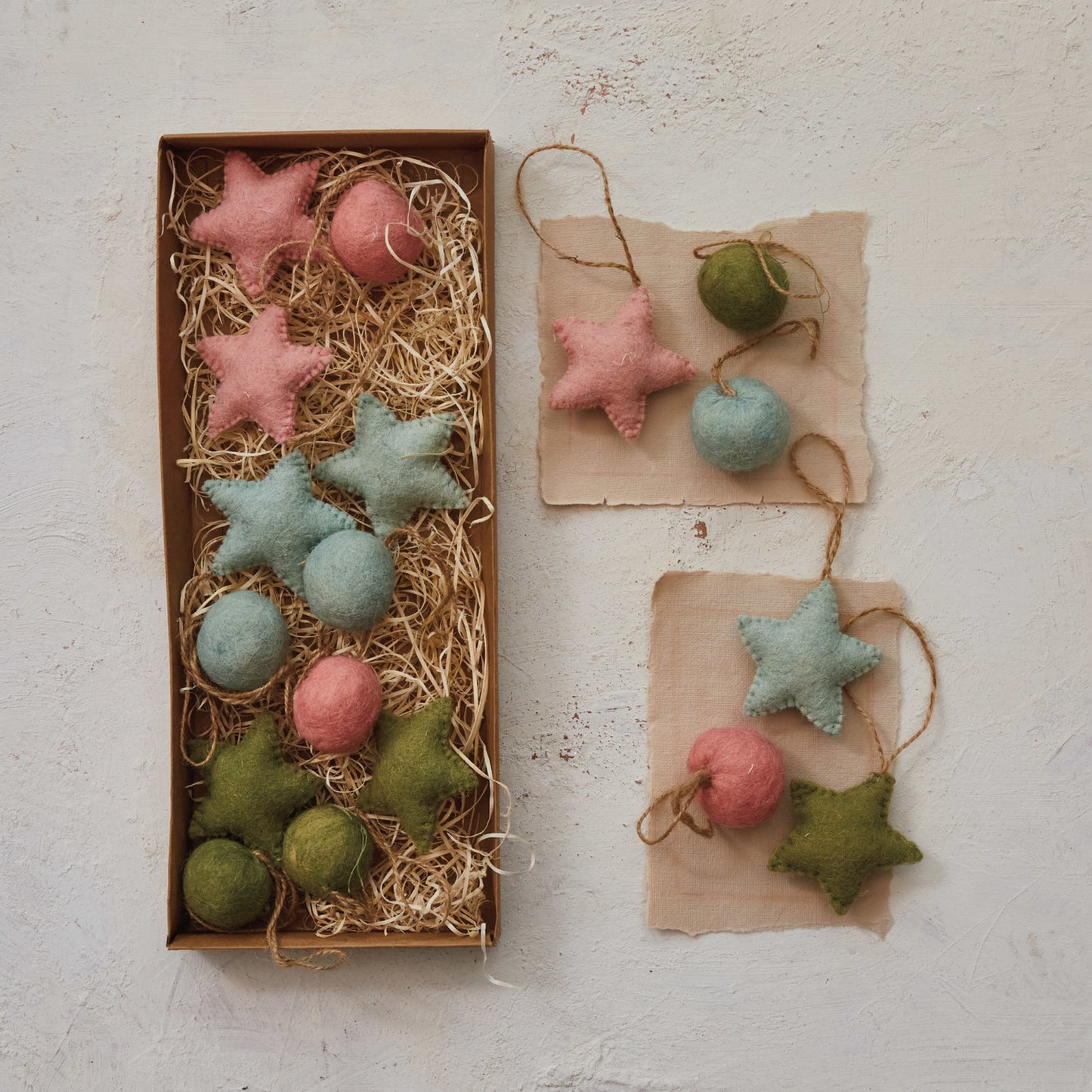 Handmade Wool Felt Ball/ Star Ornaments in Kraft Box, Set of 18-colors