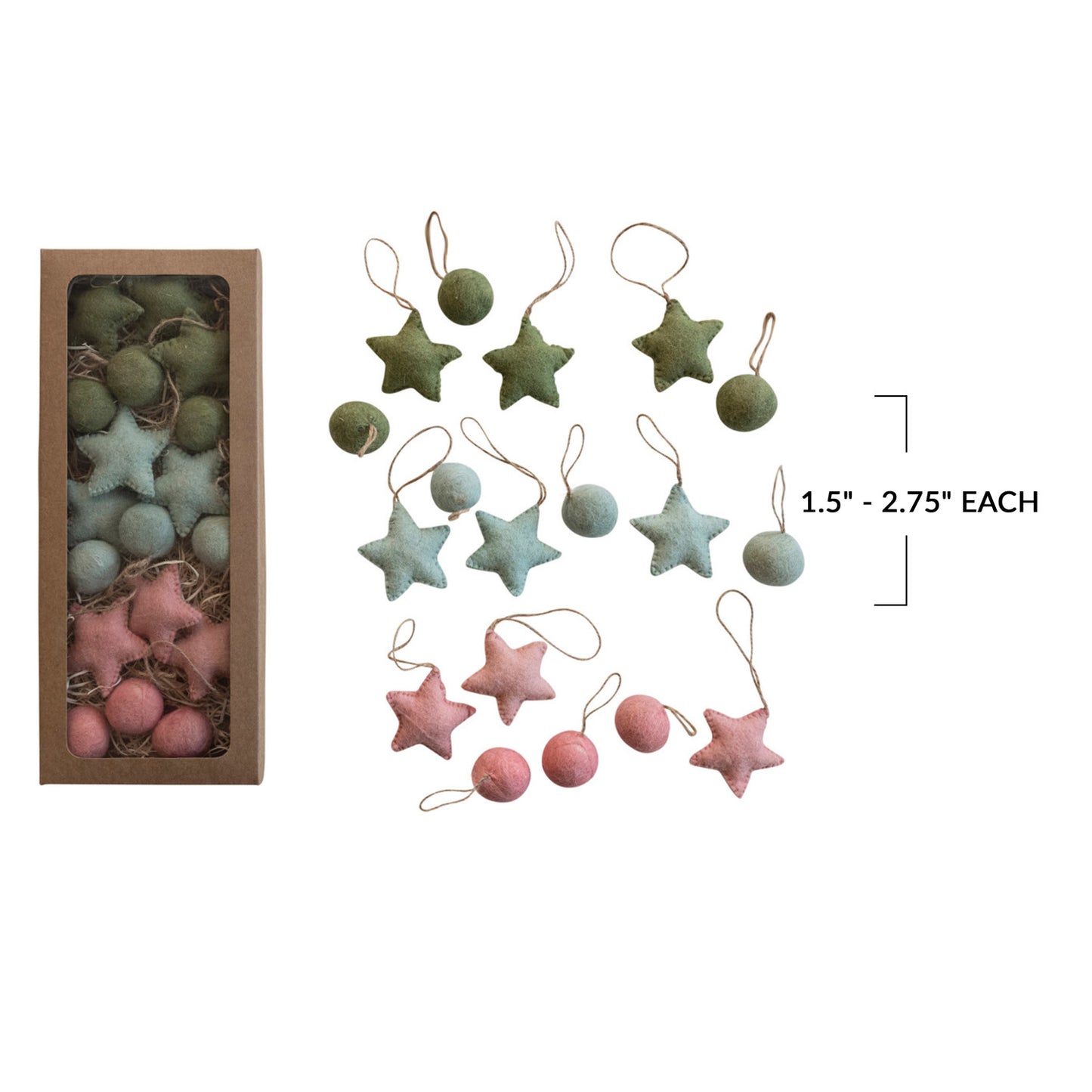 Handmade Wool Felt Ball/ Star Ornaments in Kraft Box, Set of 18-colors