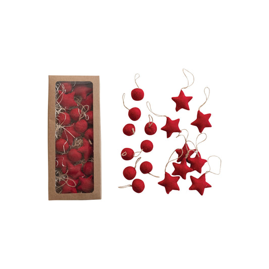 Handmade Wool Felt Ball/ Star Ornaments in Kraft Box, Red, Set of 18