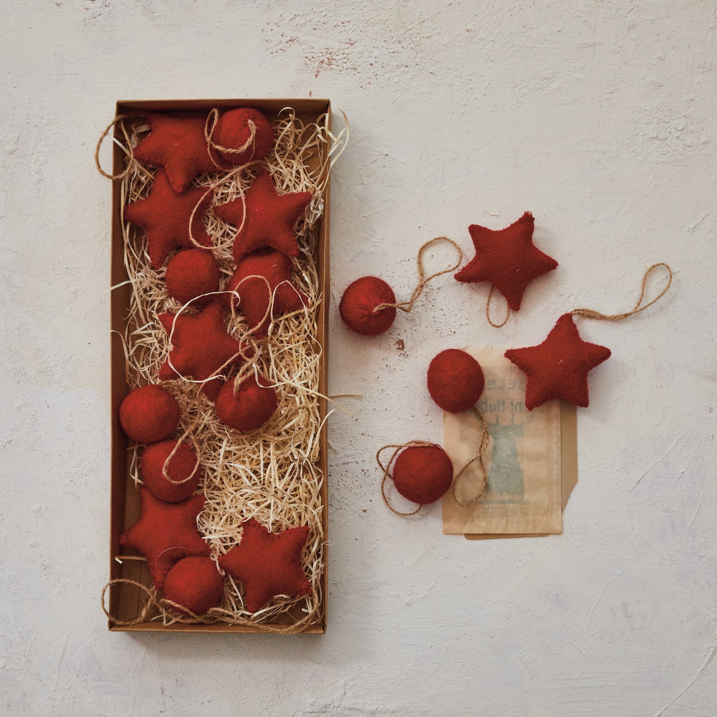 Handmade Wool Felt Ball/ Star Ornaments in Kraft Box, Red, Set of 18