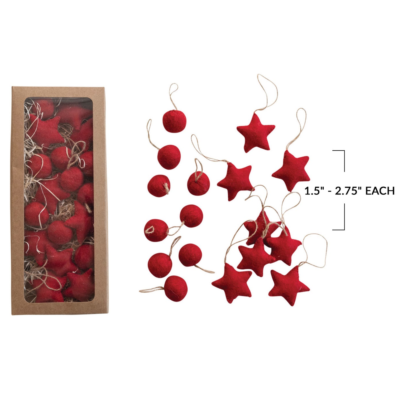 Handmade Wool Felt Ball/ Star Ornaments in Kraft Box, Red, Set of 18