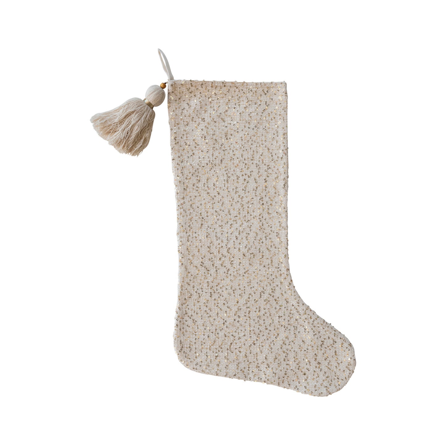 Woven Fabric Blend Stocking w/ Sequins, Tassel & Wood Bead