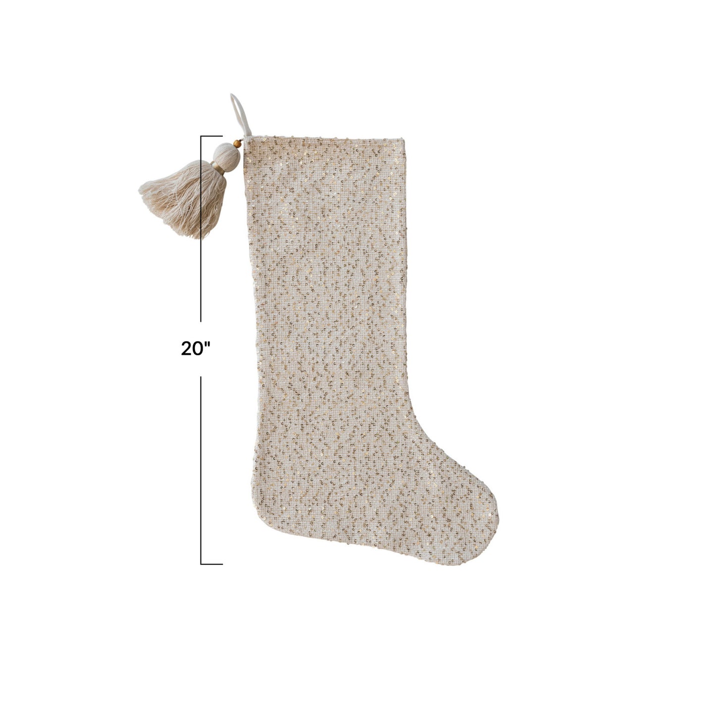 Woven Fabric Blend Stocking w/ Sequins, Tassel & Wood Bead