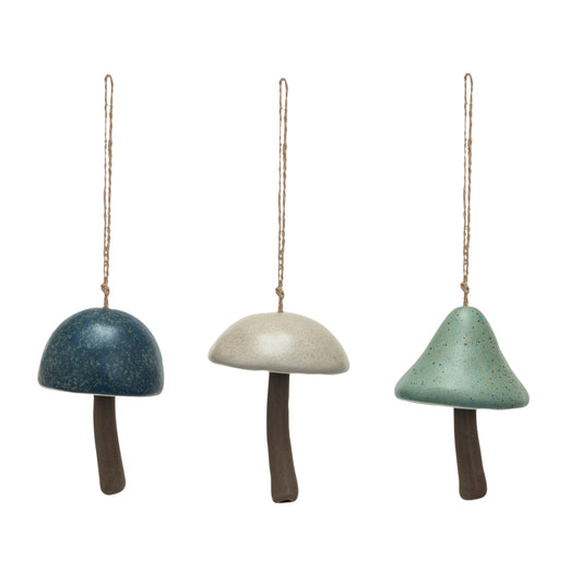 Stoneware Mushroom Bell Ornament w/ Jute Hanger, Multi Color Speckled