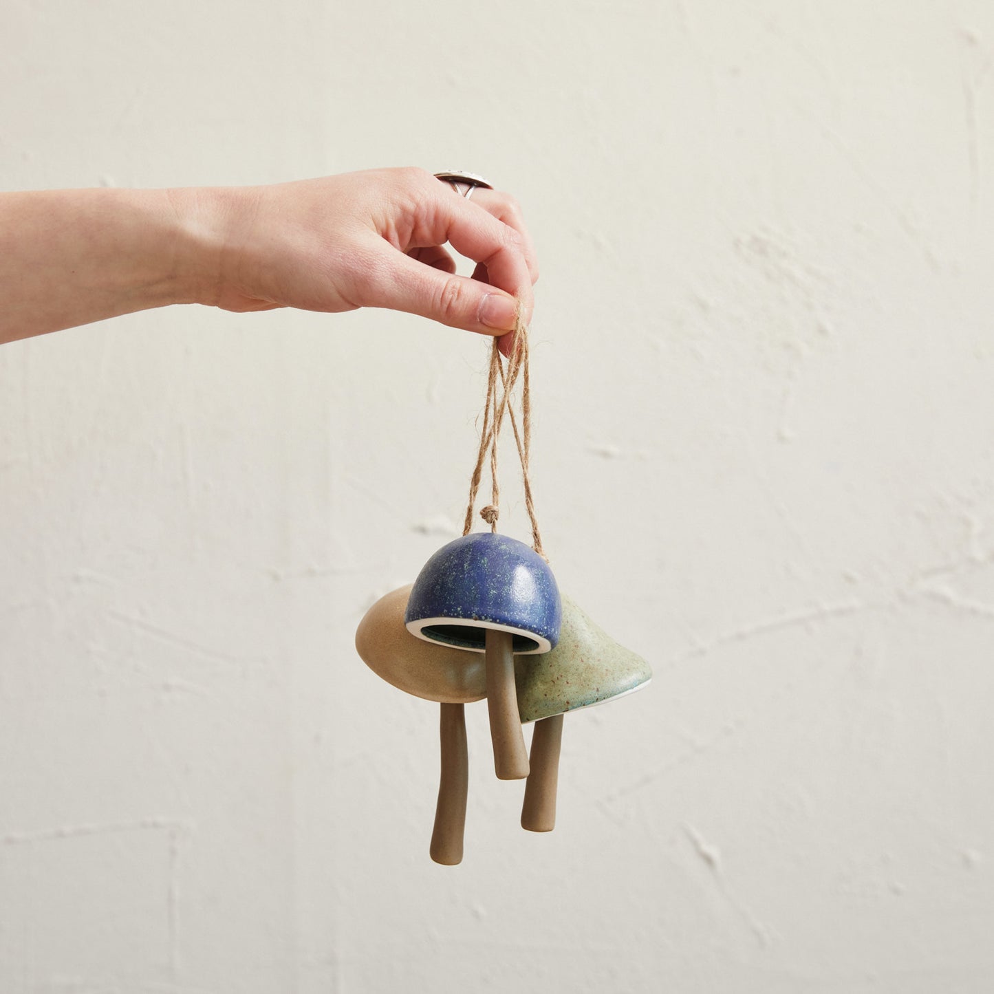 Stoneware Mushroom Bell Ornament w/ Jute Hanger, Multi Color Speckled