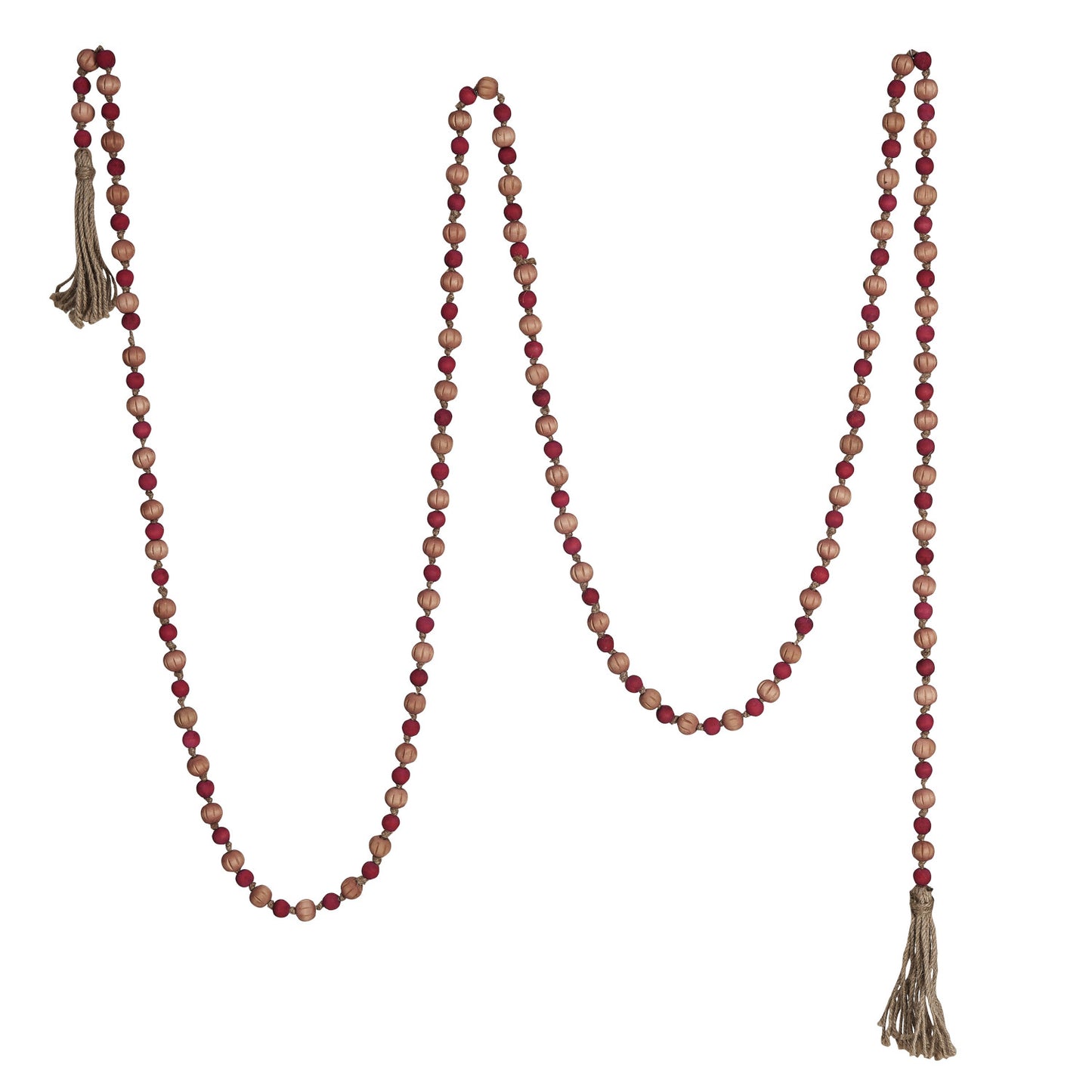 Paulownia Wood Bead Garland w/ Jute Tassels, Pink & Red