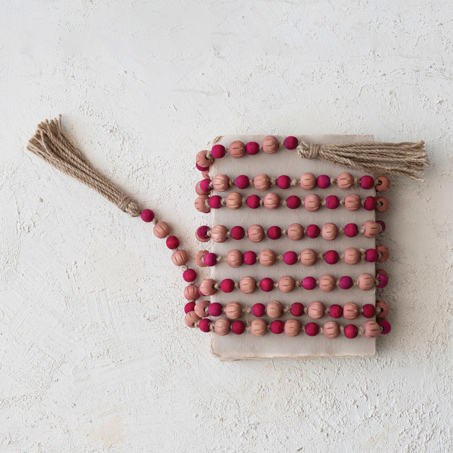 Paulownia Wood Bead Garland w/ Jute Tassels, Pink & Red