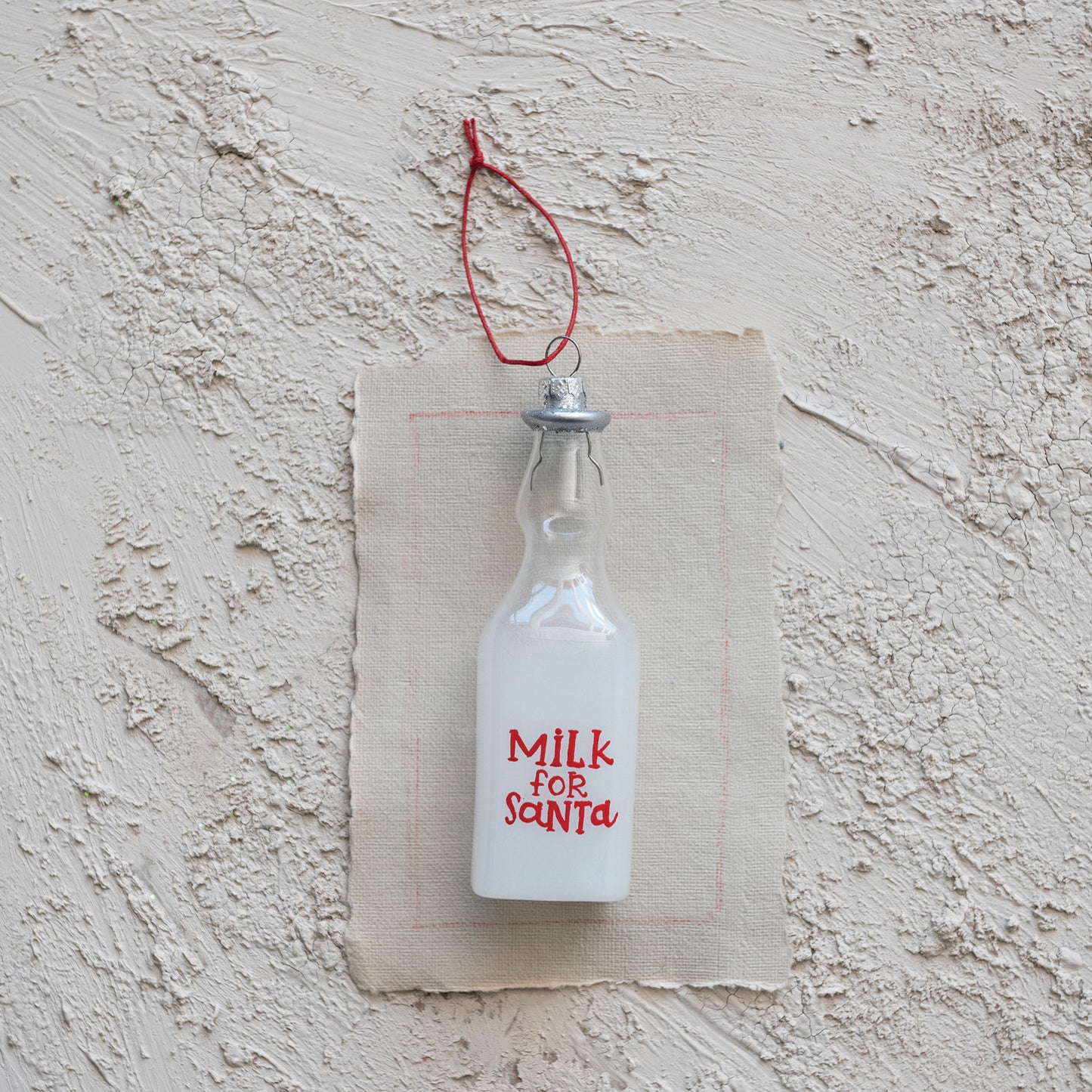 Glass Milk Bottle Ornament "Milk for Santa", White & Red