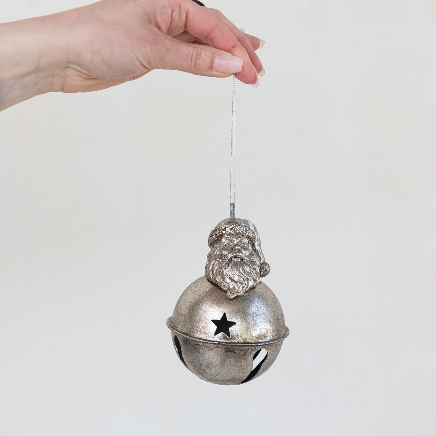 Metal Bell Ornament with Santa Head & Star Cut-Outs