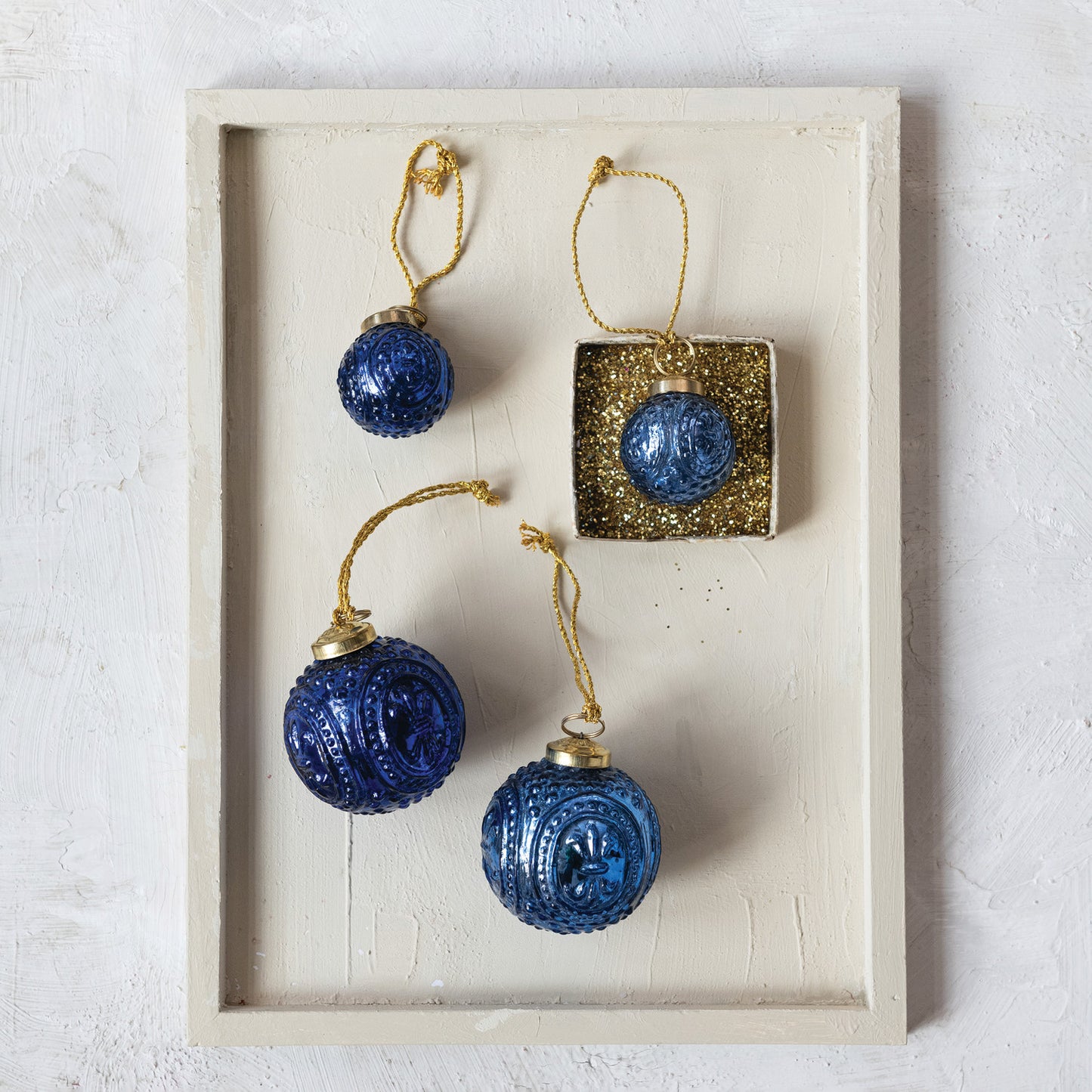 Embossed Blue Recycled Mercury Glass Ball Ornament