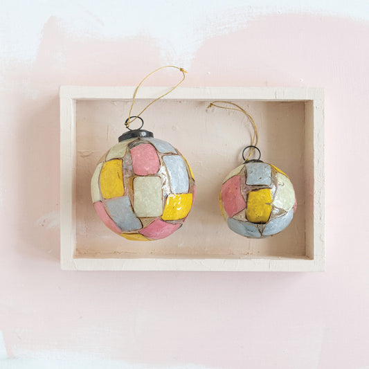 3" Round Embossed Glass Ball Ornament with Torn Paper Collage