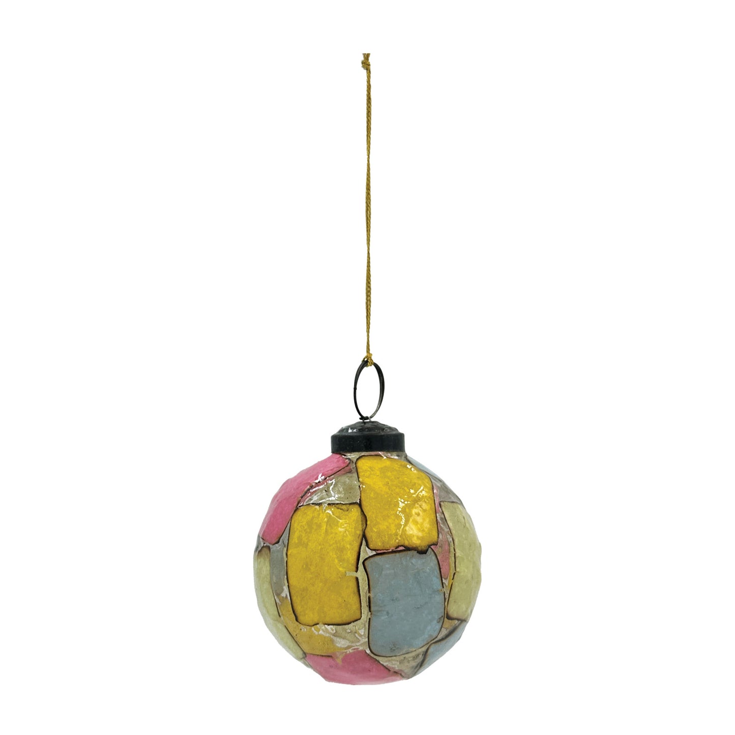 3" Round Embossed Glass Ball Ornament with Torn Paper Collage