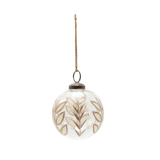 Hand-Painted Etched Glass Ball Ornament with Botanicals Design