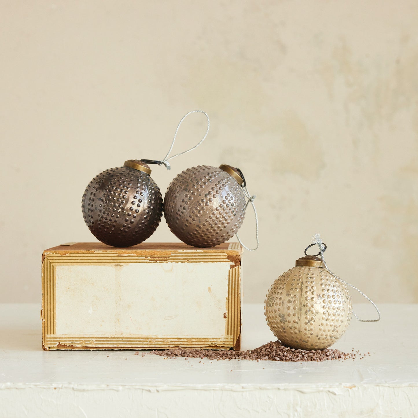 3" Round Glass Hobnail Ball Ornament Distressed Finish