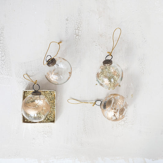 Hand-Painted Etched Glass Ball Ornament with Designs