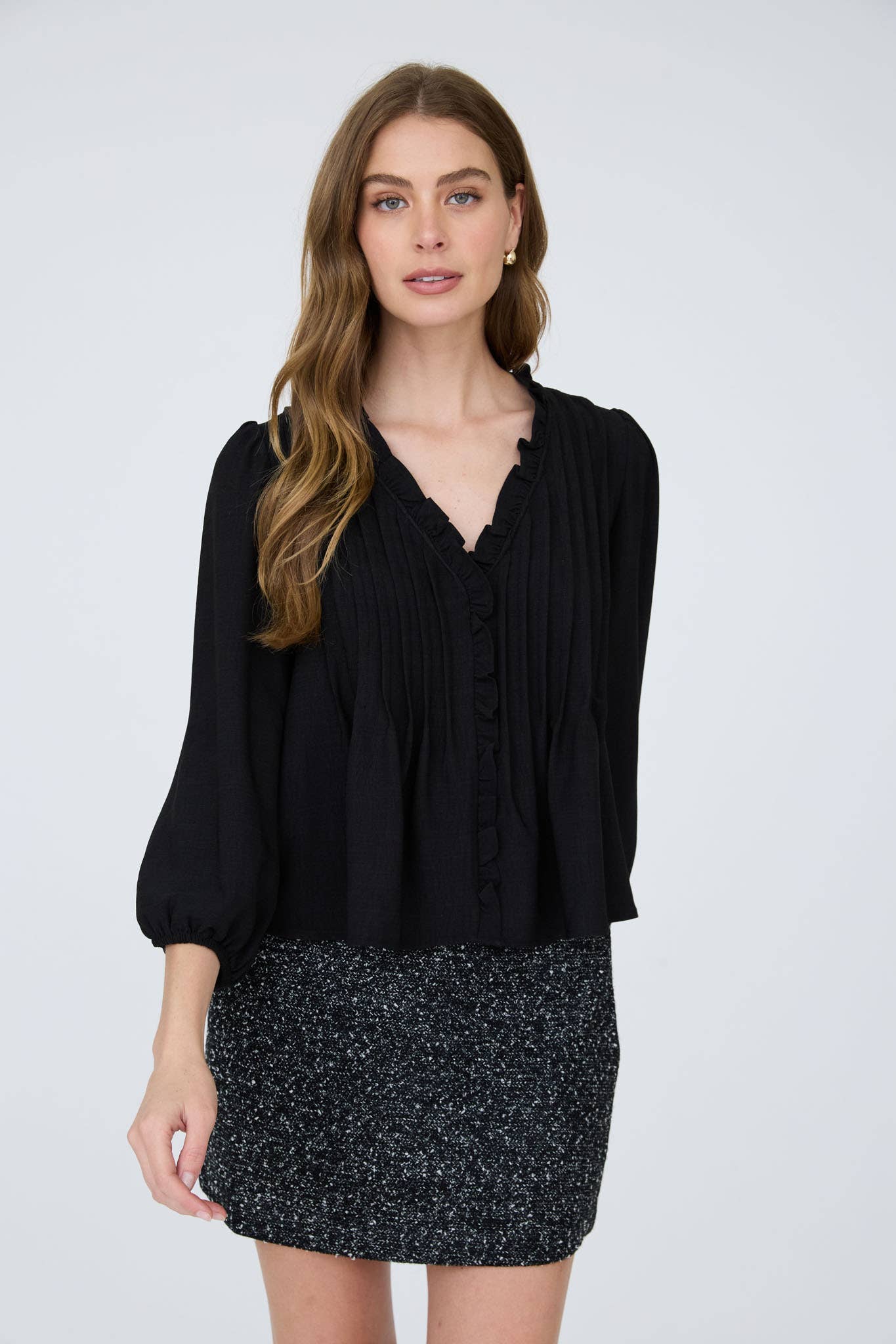 MINE - 3/4 SLEEVE RUFFLE TRIM PINTUCK DETAIL BLOUSE: LIGHT TERRACOTTA