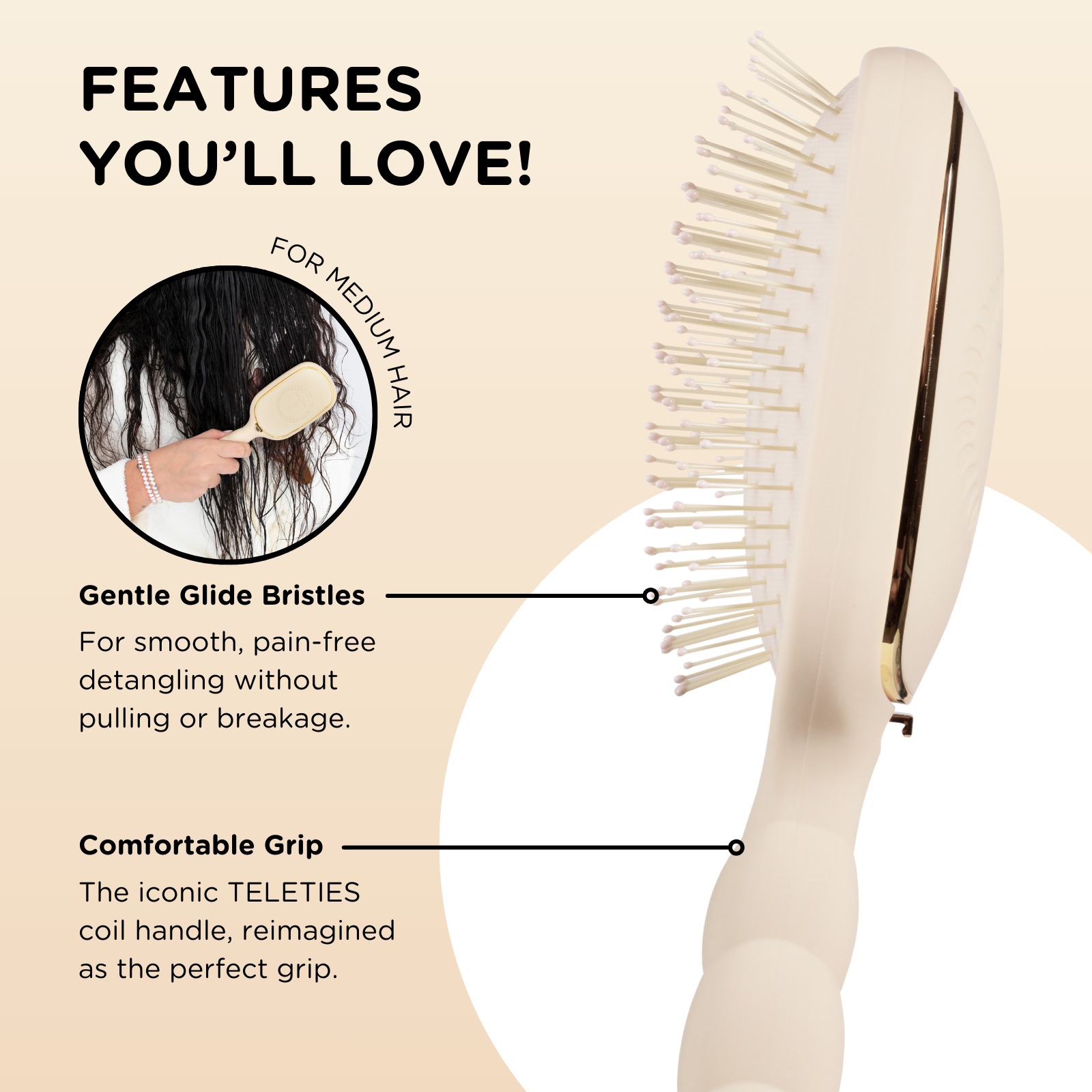 TELETIES - Detangler Hair Brush for Medium Hair - Tan - Shoppe3130