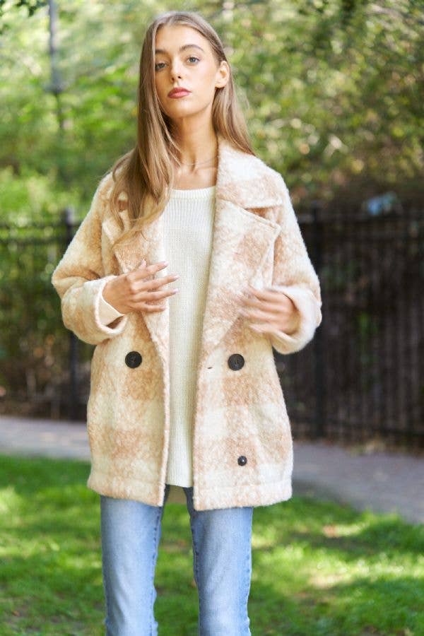 Taupe Fuzzy Boucle Textured Double Breasted Coat