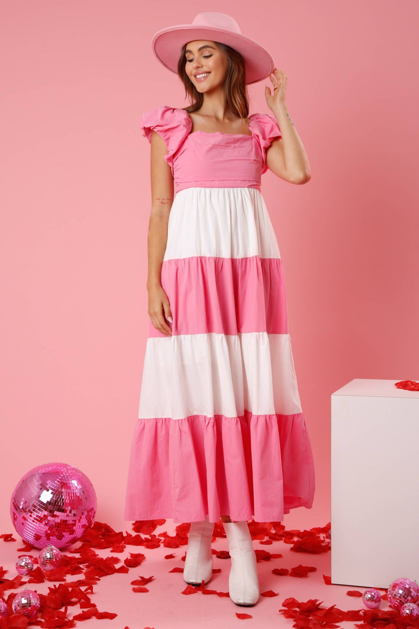 Pink Color Block Tiered Maxi Dress