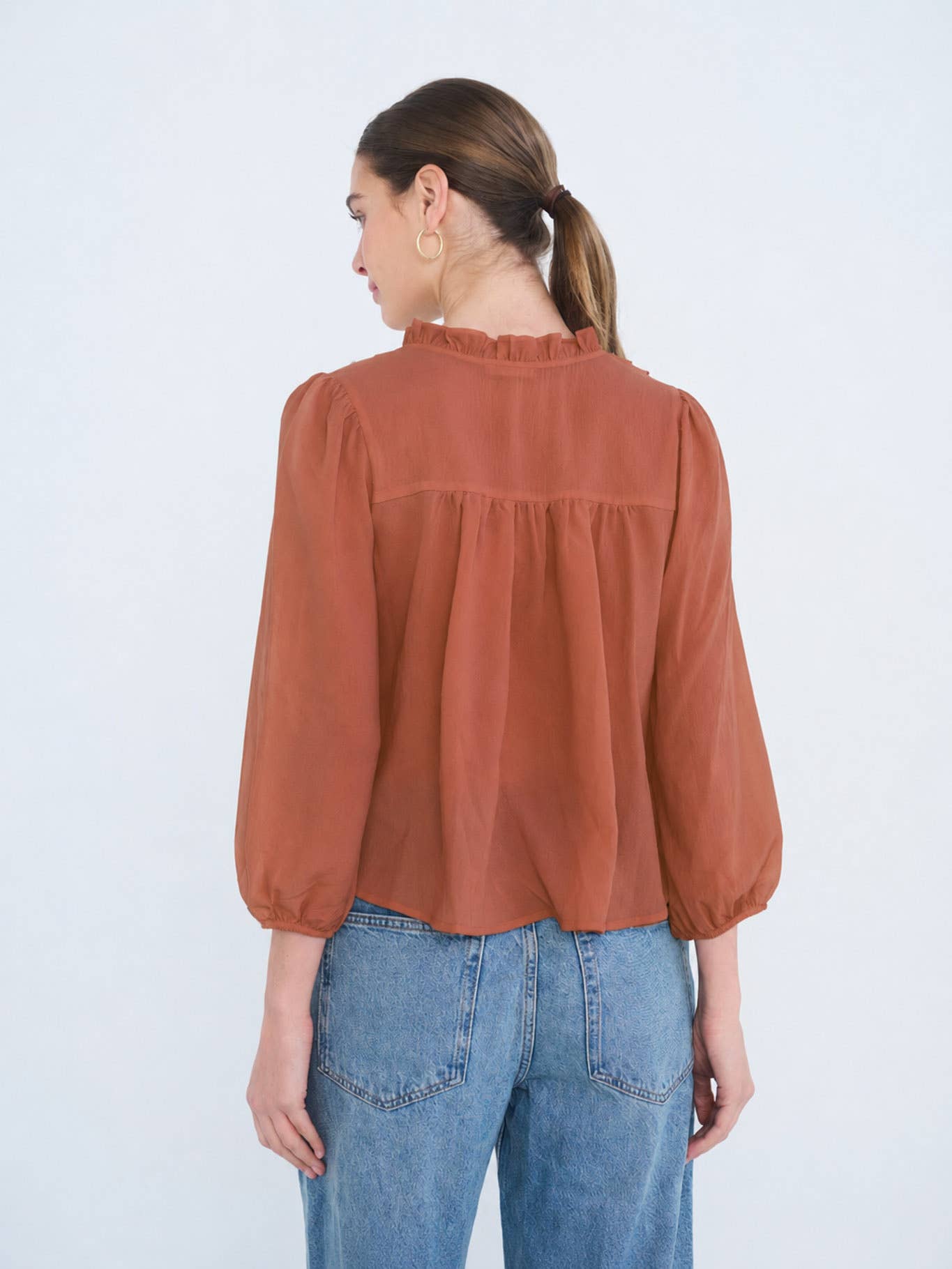 MINE - 3/4 SLEEVE RUFFLE TRIM PINTUCK DETAIL BLOUSE: LIGHT TERRACOTTA