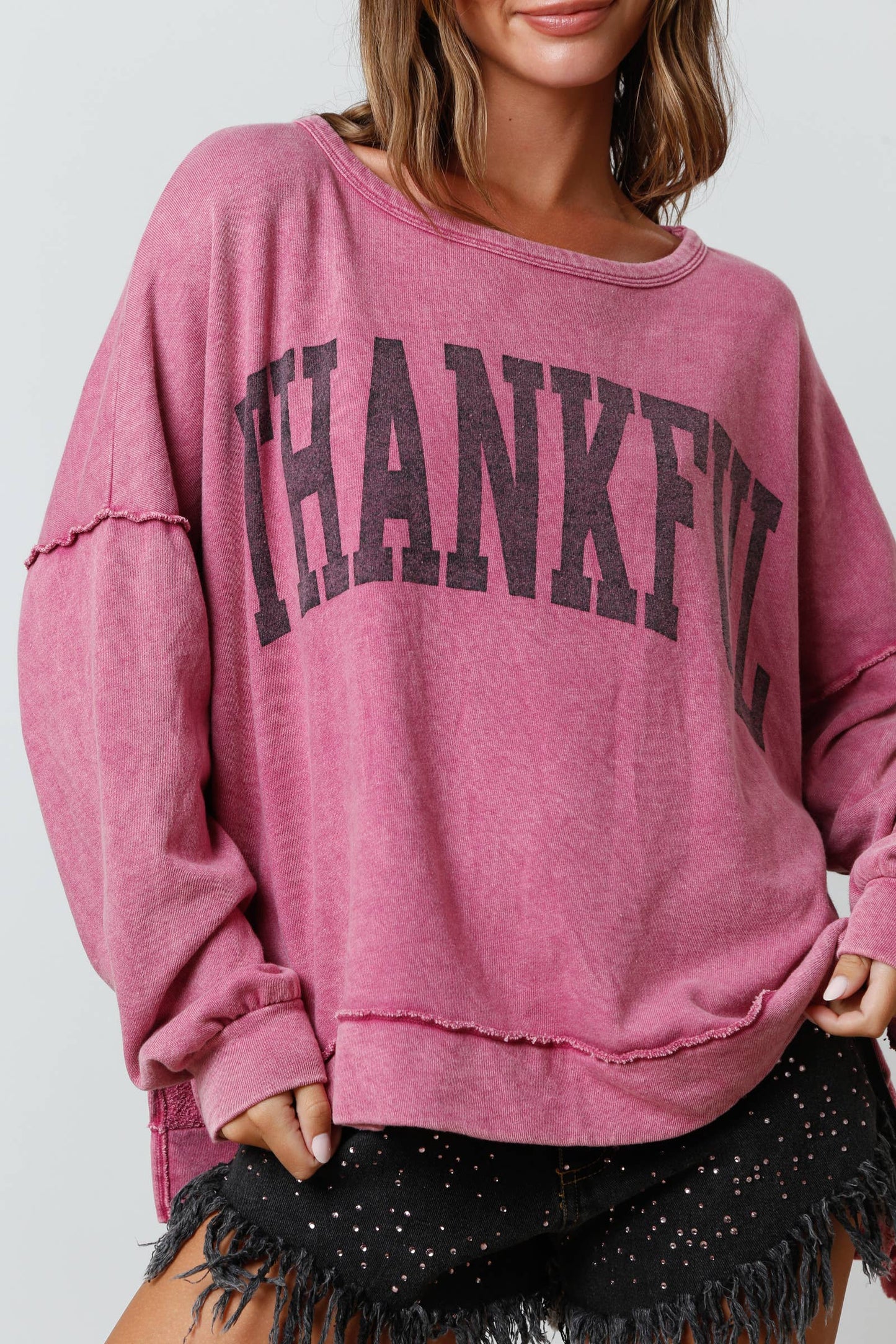FINAL SALE Thankful Print Washed Cozy Top