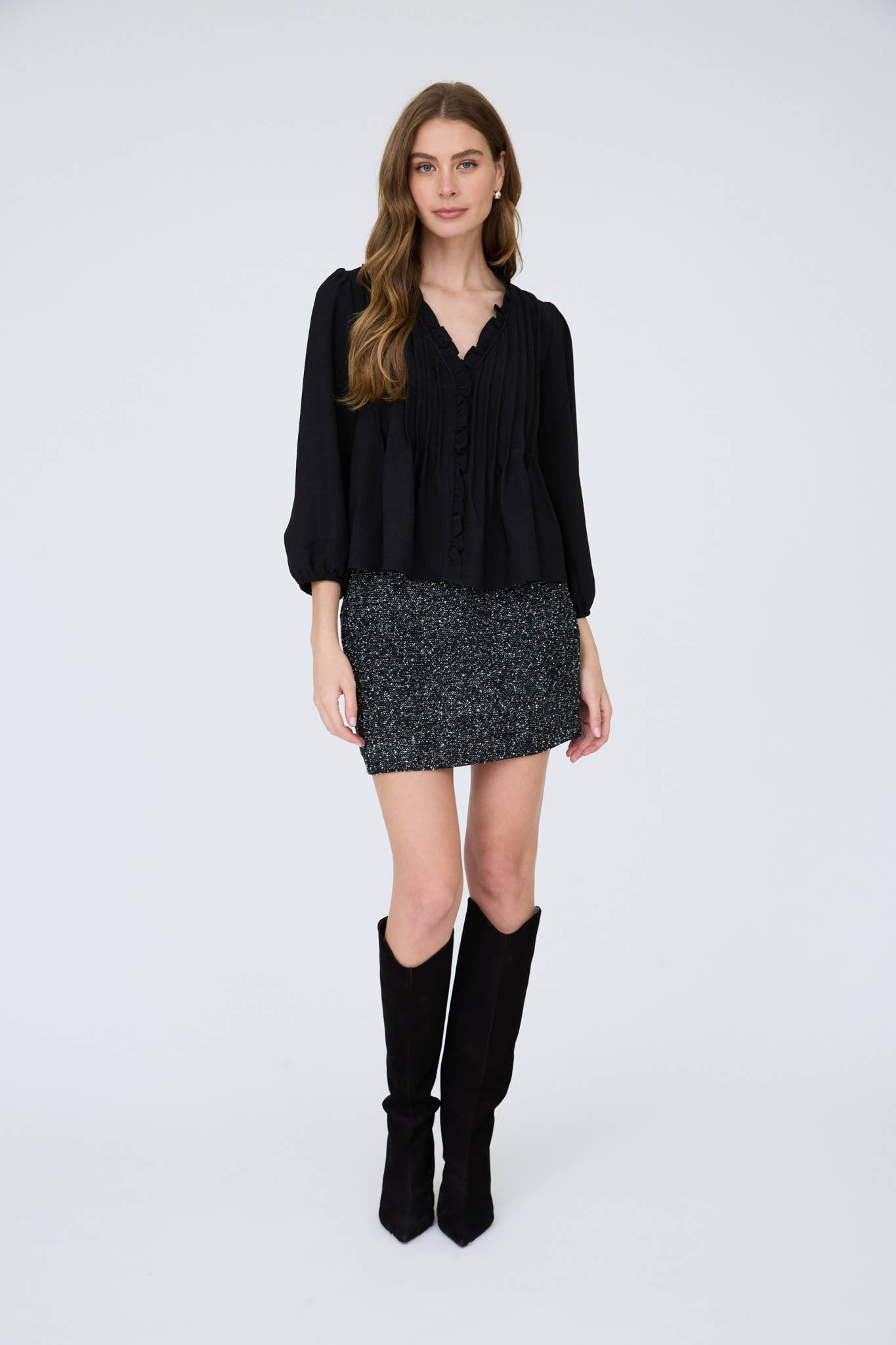 MINE - 3/4 SLEEVE RUFFLE TRIM PINTUCK DETAIL BLOUSE: LIGHT TERRACOTTA