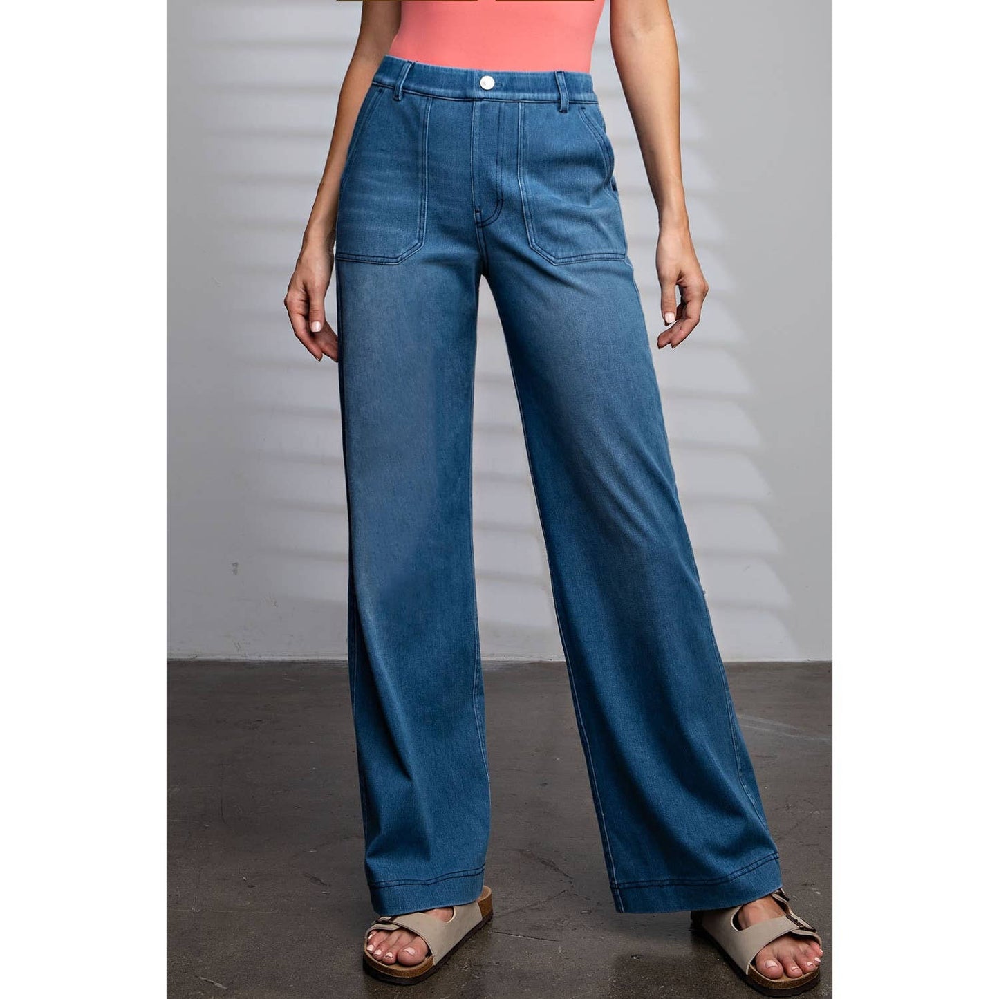 Pull On Pocketed Cotton Stretch Twill Wide Leg Pants - LIGHT