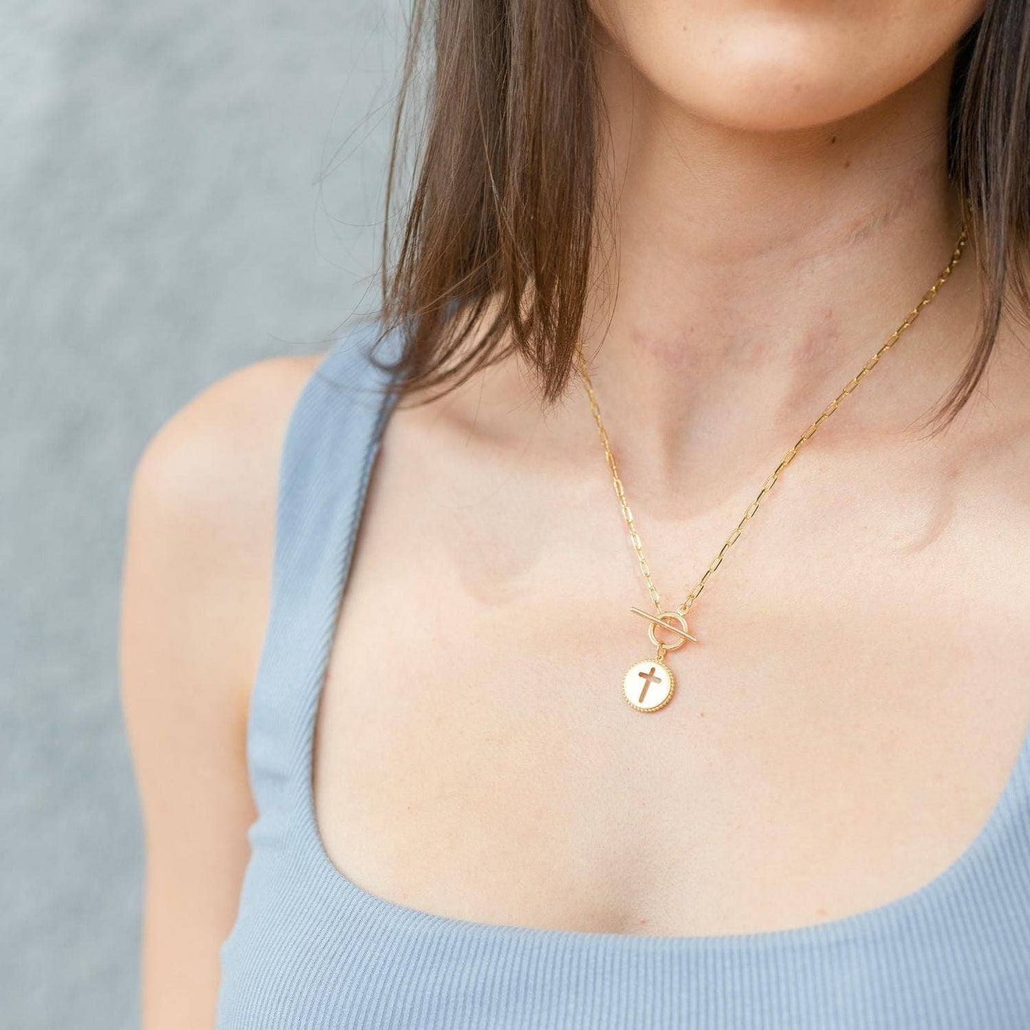 Cross Paperclip Toggle Necklace: Gold