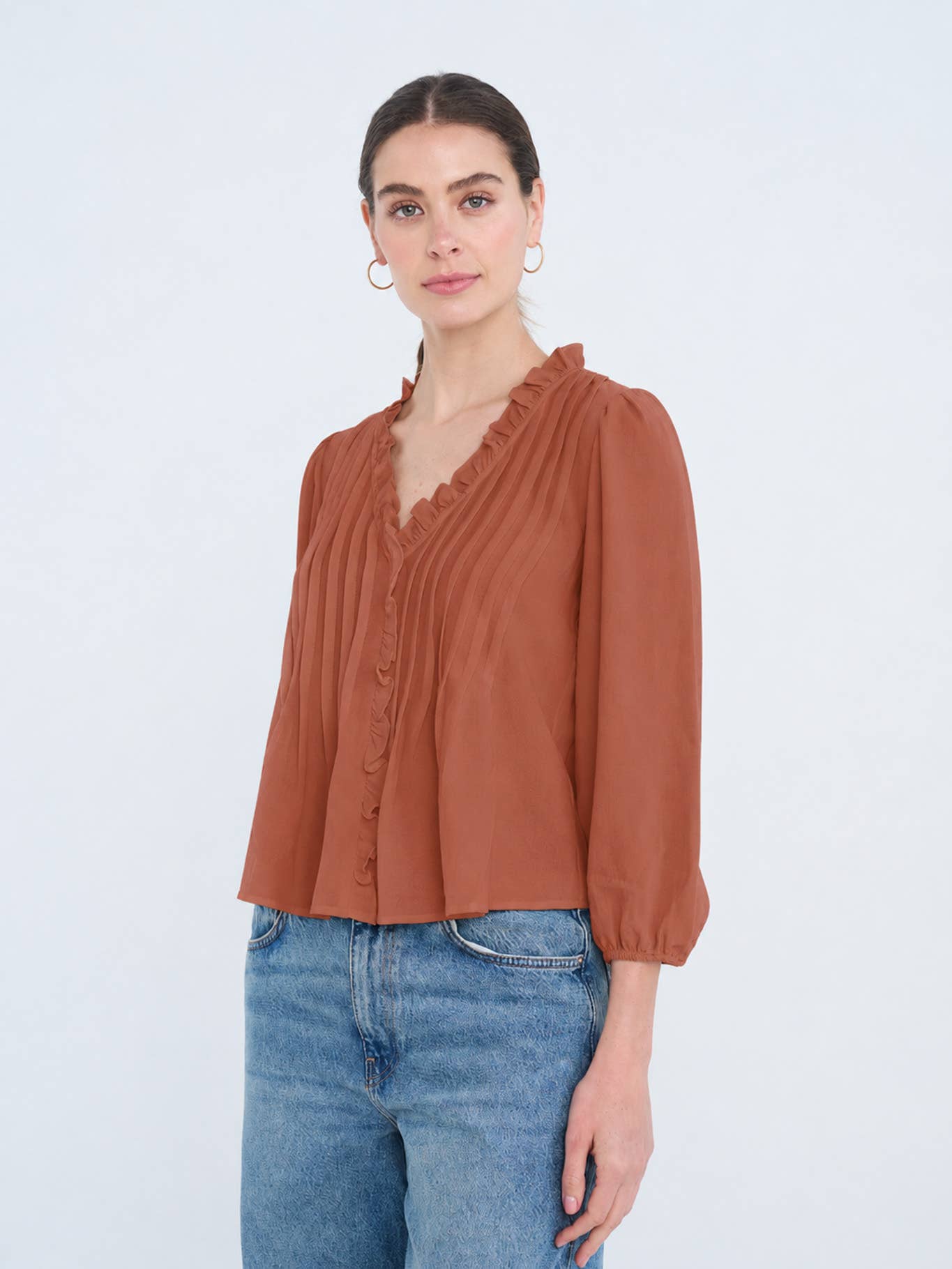 MINE - 3/4 SLEEVE RUFFLE TRIM PINTUCK DETAIL BLOUSE: LIGHT TERRACOTTA