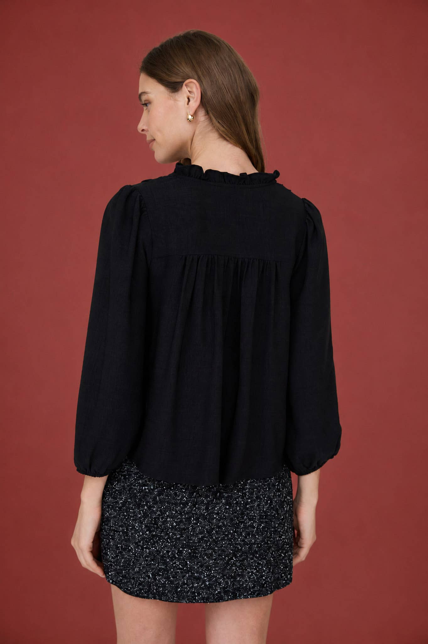 MINE - 3/4 SLEEVE RUFFLE TRIM PINTUCK DETAIL BLOUSE: LIGHT TERRACOTTA