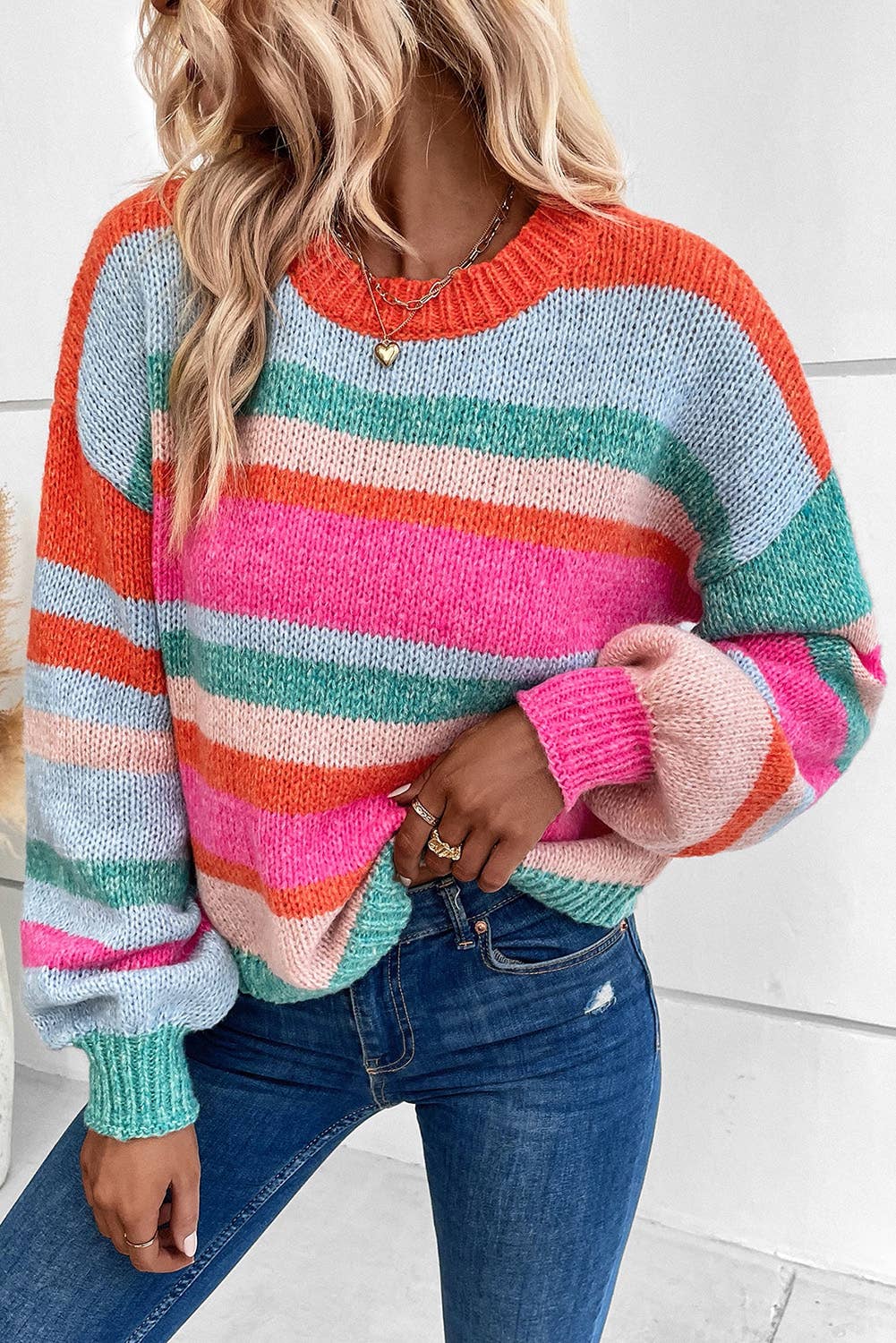 The Best Time Striped Knit Drop Shoulder Puff Sleeve Sweater