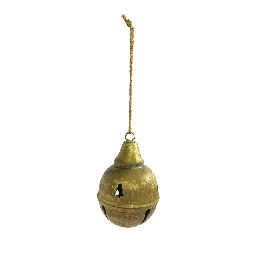 Metal Bell Ornament w/ Tree Cut-Outs, Distressed Gold Finish