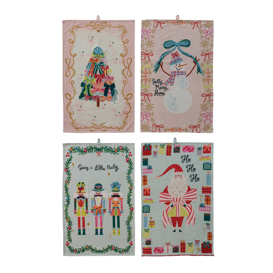 Cotton & Linen Printed Tea Towel with Holiday Image Applique/Trim & Saying, 4 Styles ©