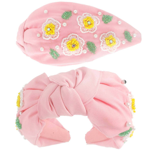 Floral Pearl Bead Mix Top Knotted Headband: Pink