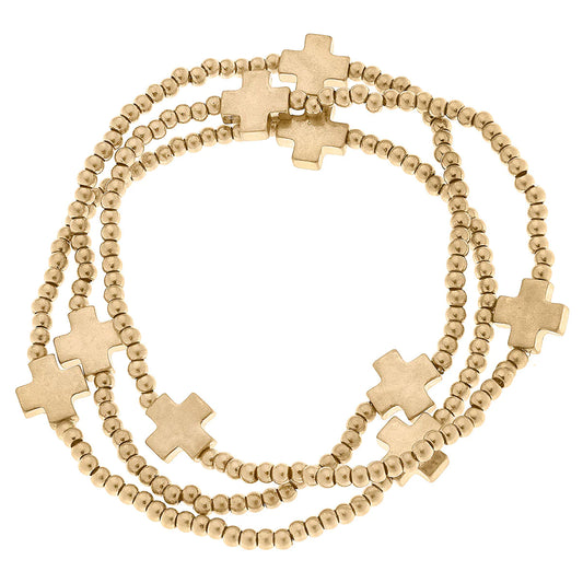 Macy Small Cross Stacking Stretch Bracelets in Worn Gold - Set of 3