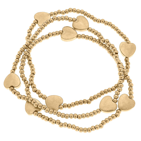 Macy Heart Stacking Stretch Bracelets in Worn Gold - Set of 3