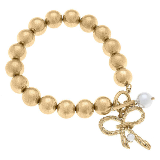Amy Bow & Pearl Charm Ball Bead T-Bar Bracelet in Worn Gold