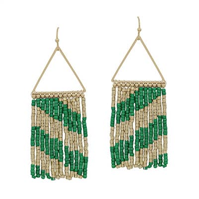 Gina Gold Triangle with Gold & Green Seed Bead Tassel Earrings