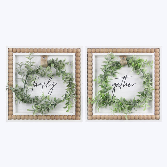 Wood Framed Tabletop/Wall Sign with Artificial Wreath and Blessing Bead Accent